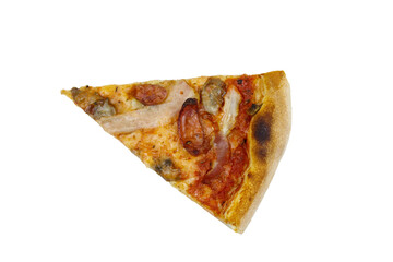 Slice of pizza with sausage, mushrooms and cheese isolated on white background