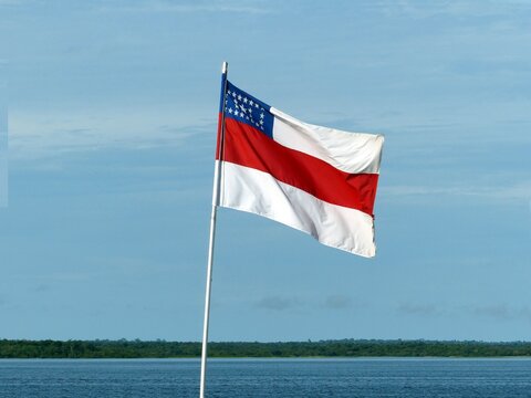 Flag of the state of Amazonia, in the background the Rio Negro river. Manaus, Brazil.