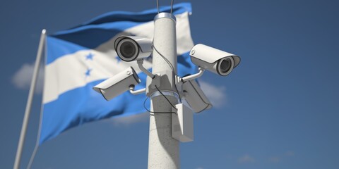 Naklejka na ściany i meble Flag of Honduras and four security cameras, 3d rendering