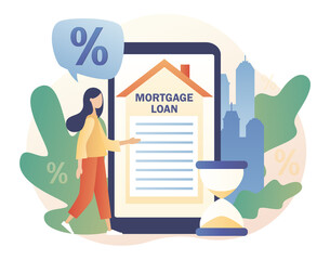 Mortgage loan online. Tiny woman buying home and pay credit to bank use smartphone. Investment money in real estate property. House concept. Modern flat cartoon style. Vector illustration 