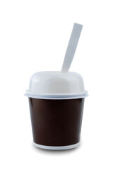 disposable cardboard dessert or ice cream cup with plastic lid and spoon isolated on white background