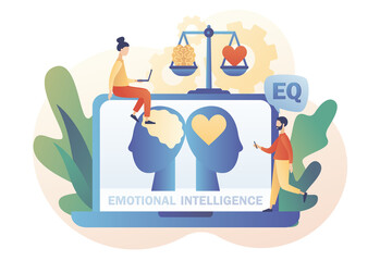 Emotional intelligence. Online EQ test. Heart and brain on balanced scale symbol. Tiny people exploring inner personality. Love, mind, logical. Modern flat cartoon style. Vector illustration