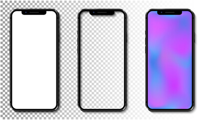 Realistic smartphones with white, transparent and soft color mesh gradient screen, isolated on transparent background.