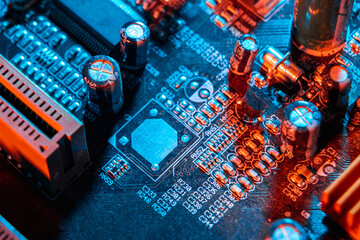 Electronic components on a printed circuit board. Resistor, inductor and capacitor on PCB. Concept...