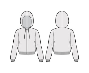 Zip-up Hoody sweatshirt technical fashion illustration with long sleeves, relax body, knit rib cuff, banded hem, drawstring. Flat apparel template front, back, grey color. Women, men unisex CAD mockup