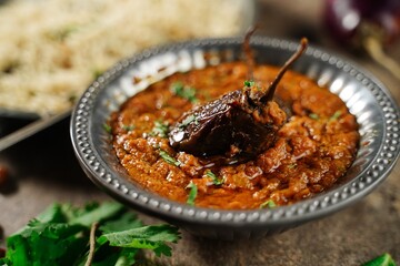 Bagara Baingan served with Bghare Rice - Hyderabadi Eggplant Curry