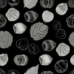 Hazelnuts. Hand drawn watercolor illustration. Healthy food natural products vitamins. Sketch print textile seamless patern set