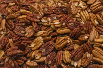 Tasty pecan-nut background. Top view.