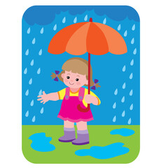 vector illustration of girl playing in rain with umbrella