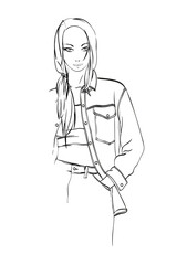 Young beautiful woman in summer clothes. Sale concept. Hand-drawn fashion illustration