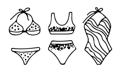 A set of three women's swimwear of different styles. Vector illustration hand drawn in outline style doodle. Summer illustration for design, print, postcard, poster, sticker.