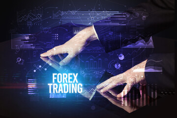 Businessman touching huge screen with FOREX TRADING inscription, cyber business concept