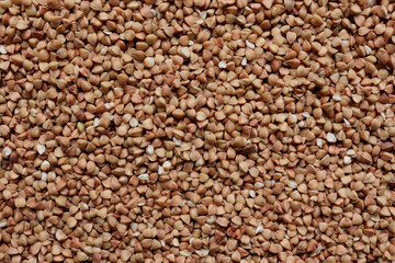 The texture of buckwheat. Background with buckwheat grains. Cereal. Healthy food.