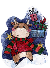 watercolor christmas card. new Year. winter. cute cartoon bull wearing a sweater with gifts