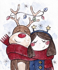 watercolor christmas card. new Year. cute deer and girl in a red scarf. warmth, comfort, garland