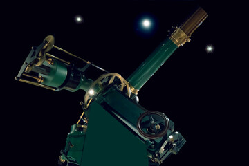 Green vintage optical telescope pointing toward night sky with stars nobody