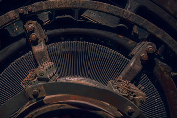 Closeup of copper electrical windings and contacts on a large vintage electrical motor generator...