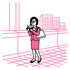 Business scene: Woman using smartphone in town. Vector illustration.