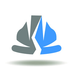 Cracked safety helmet vector icon. Hard hat broken half on illustration. Work safety equipment symbol. Accident, injury logo.