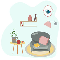 Cozy place at home for relax, reading and dreaming. Cartoon style vector illustration. Isolated vector objects. 