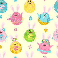 Easter seamless pattern. Funny Easter eggs - girls and boys with faces, emotions and hands with hare ears on a light pink background. Vector. For design, decoration, printing, packaging and wallpaper