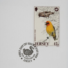 briefmarke stamp gestempelt used frankiert cancel vintage retro alt old dodo vogel bird gelb Jersey 1988 rodrigues fody rodriguezweber webervogel © Spatzenballet