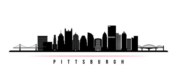 Pittsburgh skyline horizontal banner. Black and white silhouette of Pittsburgh, Pennsylvania. Vector template for your design.