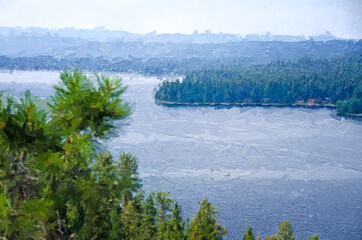 Fototapeta premium Impressionistic Style Artwork of a Mountain Lake Hidden Deep in the Pine Forest