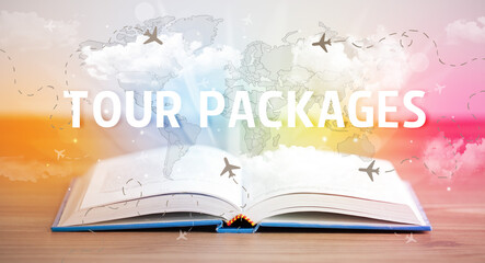 Open book with TOUR PACKAGES inscription, vacation concept