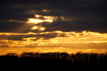Landscape in the evening in North Rhine Westphalia. Sunset in winter with a dark silhouette.