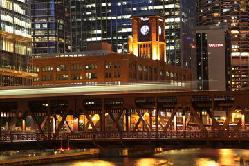 Fototapeta na wymiar Low angle Reid Murdoch CO Building with Britannica clock locating in Chicago, Illinois, USA