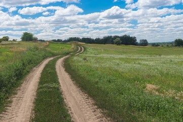 Summer landscape with meandering earth road through flowering meadow to near Dnipro city in central Ukraine