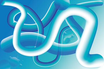 abstract background in different shades of blue and turquoise with curling tubes and bubbles