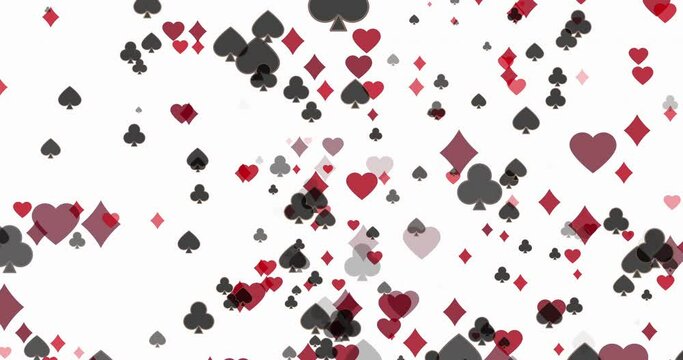Abstract pattern of the symbols of the playing cards spade, heart, club, diamond suit. Casino, poker Gambling. 4K Video motion graphic animation