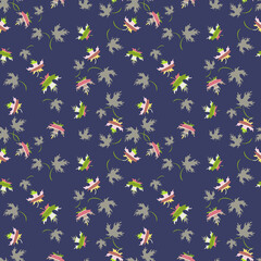 Autumn leaves background. Vector seamless pattern with colorful maple leaf silhouettes on blue backdrop. Elegant abstract texture. Hand drawn art. Stylish repeat design for print, decor, wrap, textile