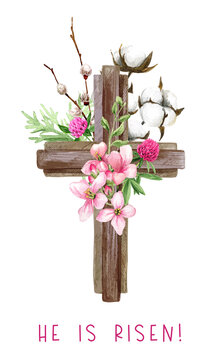 Easter Christian Cross With Flowers, Willow And Cotton