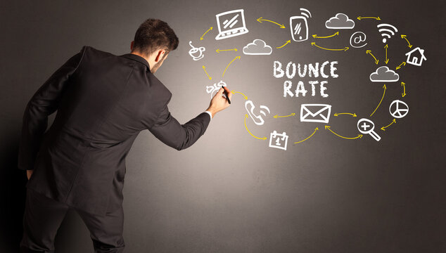 businessman drawing social media icons with BOUNCE RATE inscription, new media concept