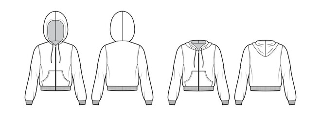 Set of Zip-up Hoody sweatshirt technical fashion illustration with long sleeves, relax body, kangaroo pouch, knit rib cuff, banded hem. Flat template front, back, white color. Women, men CAD mockup