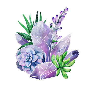 Crystal gems with succulents, full color decorative art