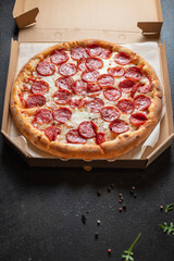 salami pizza pepperoni fast food Takeaway snack healthy meal top view copy space for text food background rustic image