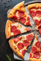 salami pizza pepperoni fast food Takeaway snack healthy meal top view copy space for text food background rustic image