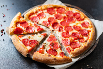 salami pizza pepperoni fast food Takeaway snack healthy meal top view copy space for text food background rustic image