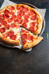 salami pizza pepperoni fast food Takeaway snack healthy meal top view copy space for text food background rustic image