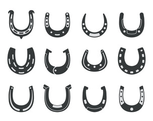 Vector graphics black and white illustration of a set of horseshoes as a symbol bringing good luck in a flat style isolated on a white background.