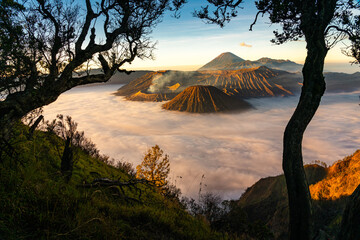 Bromo volcano mountain at sunrise in East Java, Indonesia surrounded by morning fog.