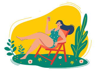 Young girl is resting on a chaise longue in nature. Vacation, holiday, rest, tourism, relaxation concept. Happy Weekends. Cartoon Female Character Vector illustration