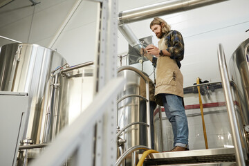 Full length portrait of bearded brewmaster controlling production at beer making factory, copy space