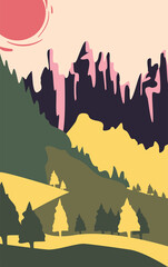 Fototapeta premium Minimalist landscape of mountain pine trees and sun vector design