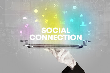 Waiter serving social networking with SOCIAL CONNECTION inscription, new media concept