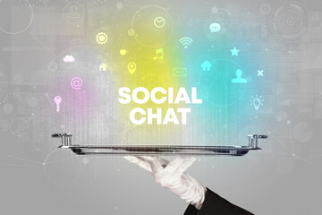 Waiter serving social networking with SOCIAL CHAT inscription, new media concept
